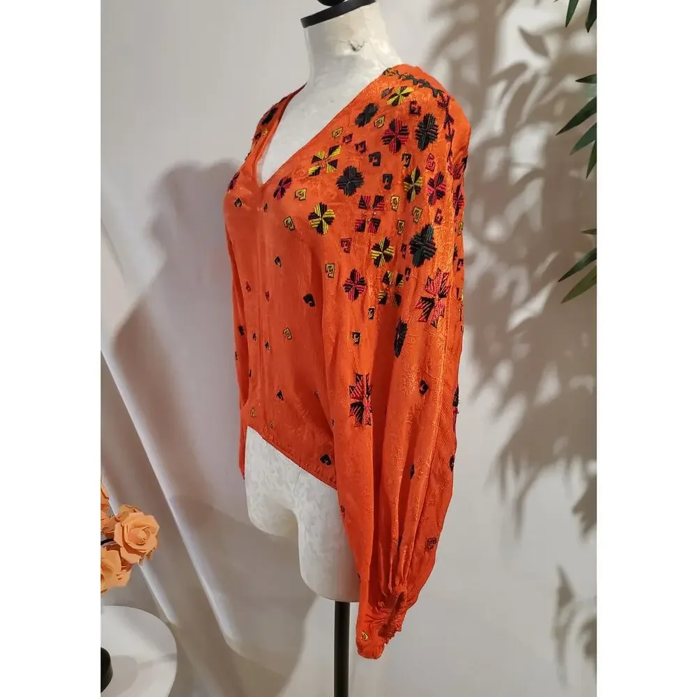 Free People Music In Time Embroidered Beaded V-Neck Blouse Top Sz S Orange Boho